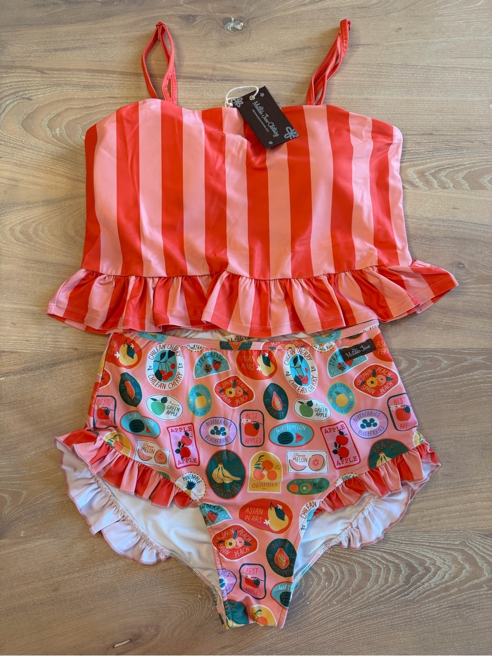 Matilda Jane Women’s Pink & Red Striped Ruffle Tankini Set